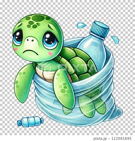 A sad turtle trapped in plastic waste, highlighting environmental issues. Eco-Friendly cartoon concept 122081695
