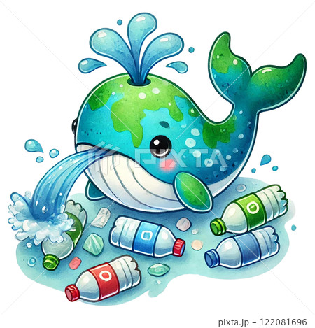 A whimsical cartoon whale spouting water amidst plastic waste. Eco-Friendly cartoon concept 122081696