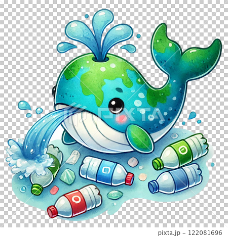 A whimsical cartoon whale spouting water amidst plastic waste. Eco-Friendly cartoon concept 122081696