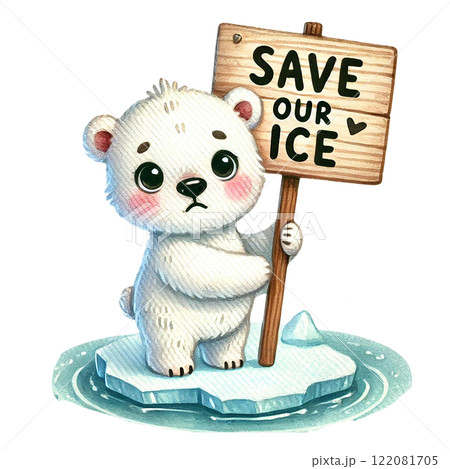 Cute polar bear holding a sign advocating for ice conservation. Eco-Friendly cartoon concept Cute polar bear holding a sign advocating for ice conservation. Eco-Friendly cartoon concept 122081705