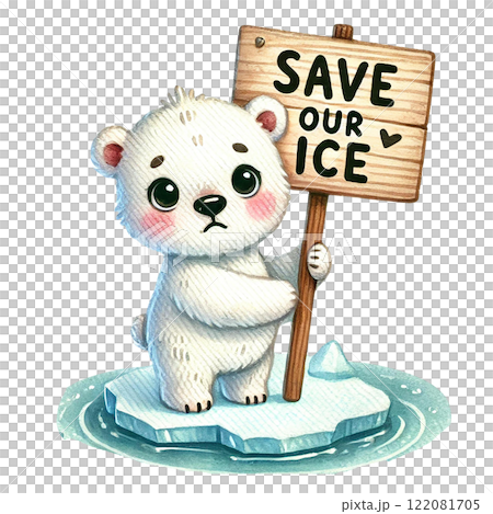 Cute polar bear holding a sign advocating for ice conservation. Eco-Friendly cartoon concept Cute polar bear holding a sign advocating for ice conservation. Eco-Friendly cartoon concept 122081705