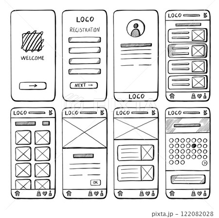 Hand drawn mobile website layout. Sketch pencil doodle UI elements for web site, simple wireframe page templates with buttons and arrows. Vector graphic 122082028