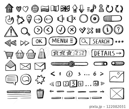 Wireframe buttons sketch. Hand drawn web app UI UX interface wireframed elements, website user interface mockup icons for web page application. Vector isolated set 122082031