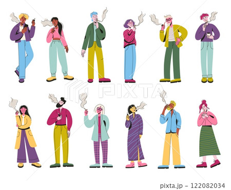 Smoker person. Cartoon cigarette smoking male female characters, young and adult people with bad tobacco addiction habit beside non-smokers. Vector vape smokers isolated set Smoker person. Cartoon cigarette smoking male female characters, young and adult people with bad tobacco addiction habit beside non-smokers. Vector vape smokers isolated set 122082034