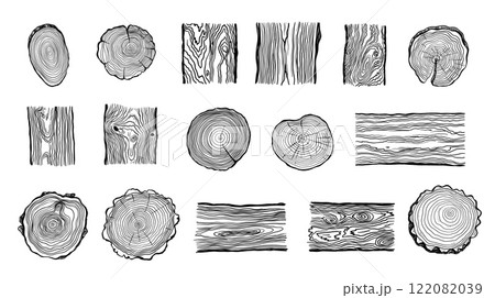 Wood rings. Round tree trunk cut with growth lines, wooden circle log with natural textured surface, carpentry material flat style. Vector isolated set 122082039