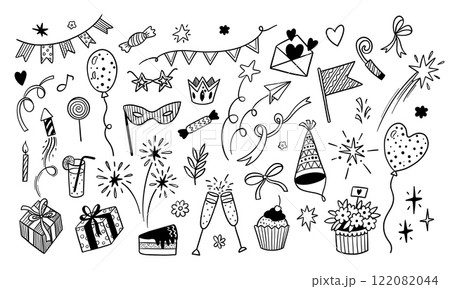 Doodle party icons. Abstract simple hand drawn sketch elements, cute marker pen scribble signs. Vector border garland and frame set Doodle party icons. Abstract simple hand drawn sketch elements, cute marker pen scribble signs. Vector border garland and frame set 122082044