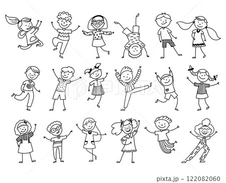 Happy kids doodles. Cute little boys and girls characters, funny active children playing and dancing, preschooler sketch collection. Vector isolated set 122082060