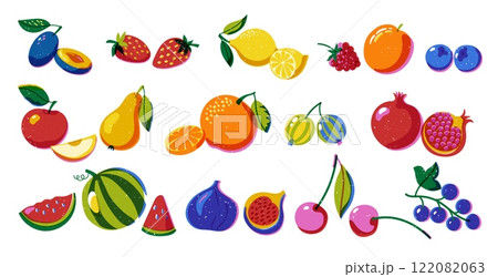 Riso print fruits. Retro botanical berry and fruit stamps, vintage plum apple strawberry lemon watermelon icons. Vector isolated collection 122082063