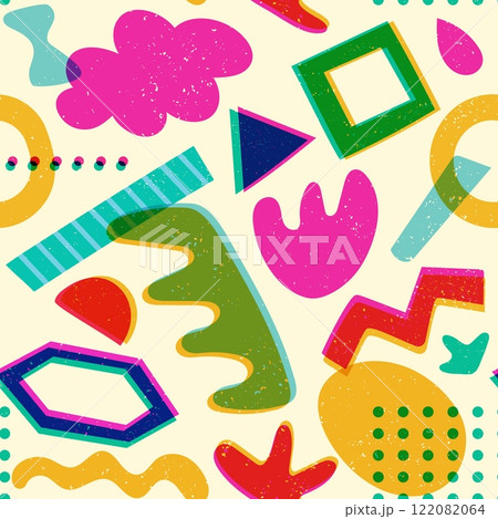 Geometric shapes risograph seamless pattern. Abstract riso print background with colorful 80s 90s style elements, retro vintage texture. Vector wallpaper 122082064