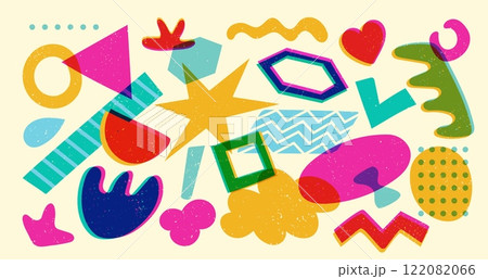 Geometric risograph forms. Abstract minimal primitive shapes with halftone texture, modern bauhaus brutalism figures. Vector graphic set 122082066