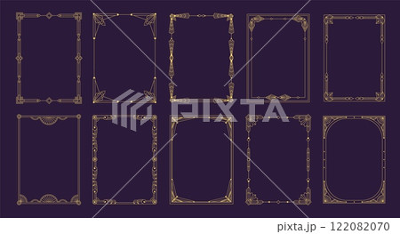 Art deco frames. Geometric modern border design elements, elegant minimalistic decorative lines for wedding invitation card and luxury cover. Vector set 122082070