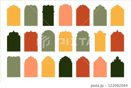 Islamic door silhouette. Oriental arabic mosque window frames, abstract islam arabian boho arch geometric shapes with arabesque decoration. Vector collection 122082084