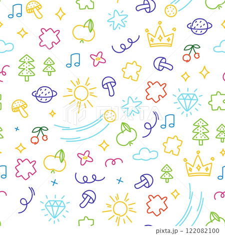 Kids scribble pattern. Seamless print of child hand drawn sketch elements, abstract minimal geometric doodle shapes. Vector texture Kids scribble pattern. Seamless print of child hand drawn sketch elements, abstract minimal geometric doodle shapes. Vector texture 122082100