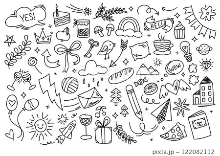 Cute kid doodle. Childish abstract elements and funny characters, hand drawn baby scribble icons. Vector childish elements isolated collection 122082112