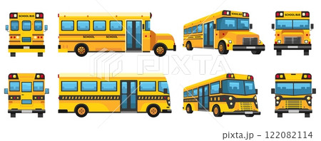 Yellow school bus. Cartoon city transport vehicle, different angle view of urban excursion bus, school transportation flat style. Vector isolated set Yellow school bus. Cartoon city transport vehicle, different angle view of urban excursion bus, school transportation flat style. Vector isolated set 122082114