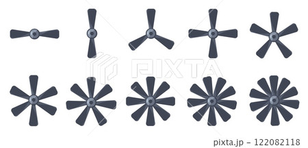Plane propeller. Aircraft engine rotor blades, mechanical machine turbine fan, aviation transport equipment, flat isolated icons. Vector set Plane propeller. Aircraft engine rotor blades, mechanical machine turbine fan, aviation transport equipment, flat isolated icons. Vector set 122082118