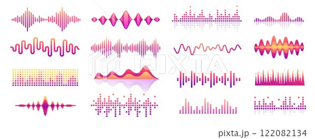 Sound waves. Audio music rhythm wave pulse, voice signal level bar, song waveform graphic icons. Vector volume noise beat waveforms isolated set 122082134