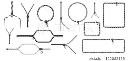 Zipper border. Tape with fastener teeth, open and closed clothing accessory, fashion design elements for pockets and bags. Vector set 122082136