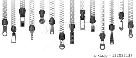 Zipper lock. Open and closed textile fastener with pull tab, sewing tailoring clothing accessories, fashion elements for apparel design. Vector isolated set 122082137