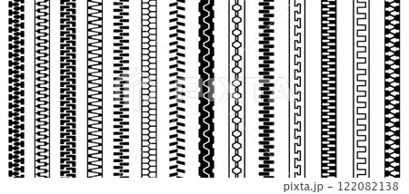 Zippers set. Seamless patterns with zipper teeth, doodle sewing fastener icons, cartoon black elements for clothing design. Vector isolated collection 122082138