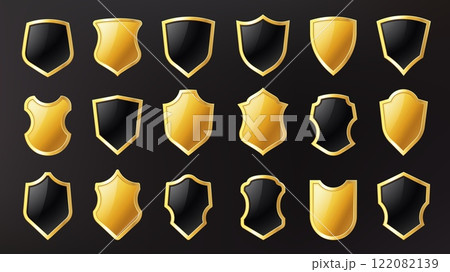 Golden shield badges. Realistic luxury metal trophy 3d frame, blank heraldic armor emblem for award label crest medieval design, antique royal aristocratic decor. Vector safety icons set 122082139