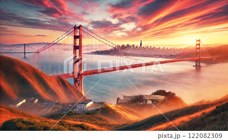 夕日に照らされたゴールデン・ゲート・ブリッジのイラスト素材 ..., 画像サイズ:450x276