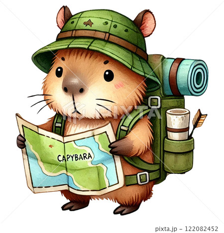 A cartoon capybara exploring with a map and camping gear. Camping cartoon concept A cartoon capybara exploring with a map and camping gear. Camping cartoon concept 122082452