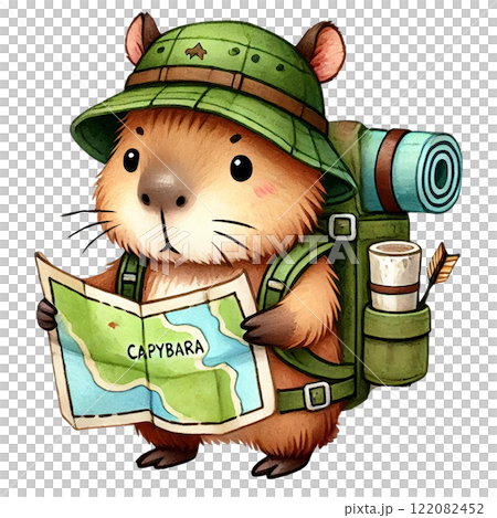 A cartoon capybara exploring with a map and camping gear. Camping cartoon concept A cartoon capybara exploring with a map and camping gear. Camping cartoon concept 122082452