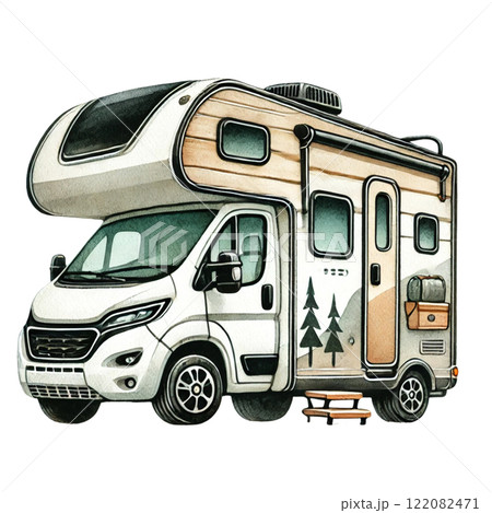 A stylish motorhome parked in a picturesque outdoor setting. Camping cartoon concept A stylish motorhome parked in a picturesque outdoor setting. Camping cartoon concept 122082471