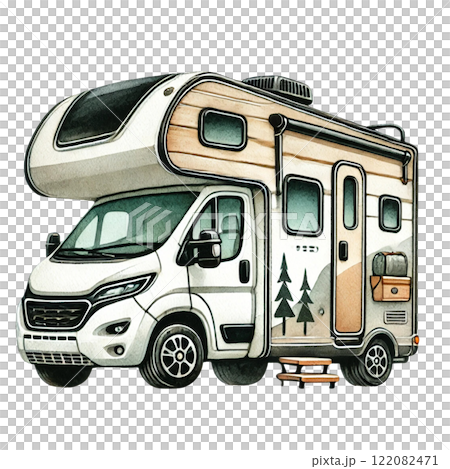 A stylish motorhome parked in a picturesque outdoor setting. Camping cartoon concept A stylish motorhome parked in a picturesque outdoor setting. Camping cartoon concept 122082471