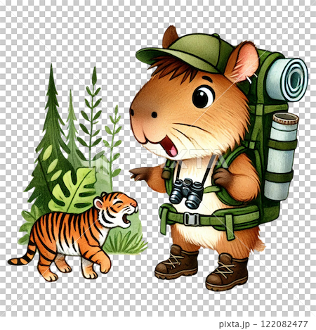 Adventurous capybara explorer with a tiger in nature. Camping cartoon concept 122082477