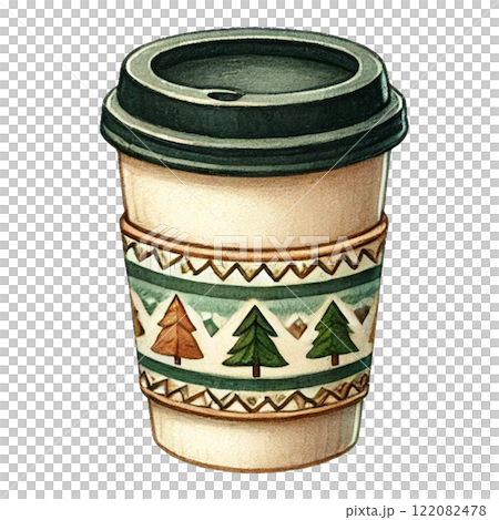 Artistic coffee cup with winter-themed design and greenery. Camping cartoon concept 122082478