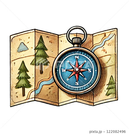 Vintage compass with a map guiding your next adventure. Camping cartoon concept 122082496