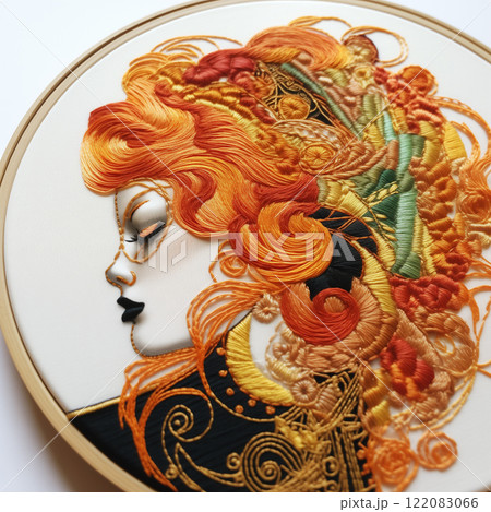 An embroidered portrait of a stylish European woman, isolated on white fabric in a tambour. A pretty redheaded lady with a dreamy expression on her face. AI-generated 122083066