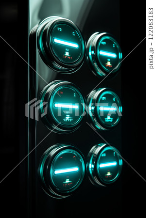 A close-up of a colorful, modern control panel featuring six round buttons with little icons. Rows of electronic, luminous buttons, operating machinery and appliances in an industrial setting. 122083183