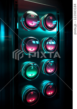 A close-up of a colorful, modern control panel featuring many round buttons with little icons. Rows of electronic, luminous buttons, operating machinery and appliances in an industrial setting. 122083184