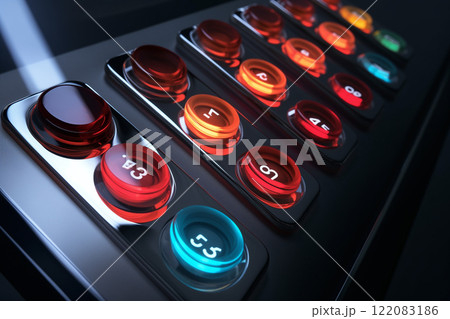 A close-up of a colorful, modern control panel featuring many colorful buttons. Rows of electronic, luminous round buttons, operating machinery and appliances in an industrial setting. AI-generated 122083186