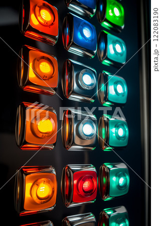 A close-up of a colorful, modern control panel featuring many colorful buttons. Rows of electronic, luminous square buttons, operating machinery and appliances in an industrial setting. AI-generated 122083190