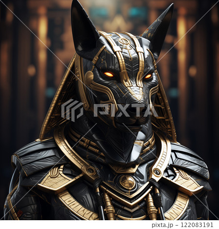A modern metal sculpture of an Egyptian god Anubis. Zoomorphic canine deity of ancient Egypt, lord of the underworlds with a dog head. AI-generated 122083191
