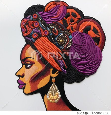 An embroidered portrait of a stylish African woman, isolated on white. An elegant black lady wearing a fashionable orange and purple headwrap and earrings. AI-generated 122083225