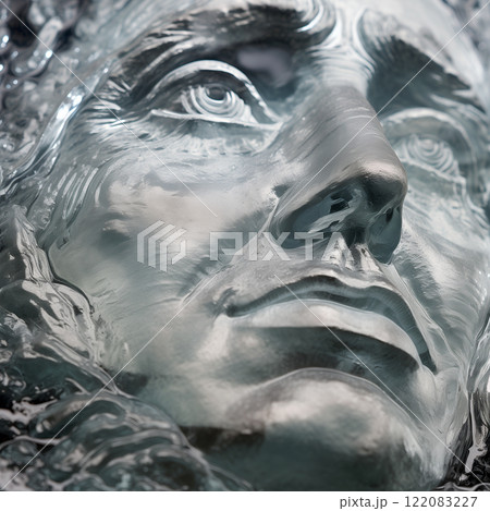 A close-up of Alexander Hamilton's face, a historical figure and founding father of the United States, depicted in a detailed metal sculpture. As the face of the 10-dollar bill, he is featured in 122083227