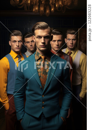 Five brothers, impeccably dressed in sharp suits of various bold colors, stand confidently. Their serious expressions and classic hairstyles add a touch of intimidation. AI-generated 122083228