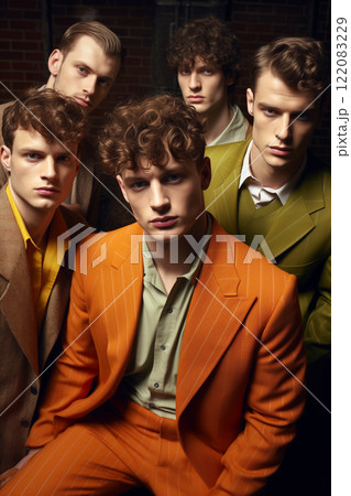 A group of white male models posing for a vintage-inspired fashion photoshoot. Five young men in bold, striped suits exude confidence. AI-generated 122083229