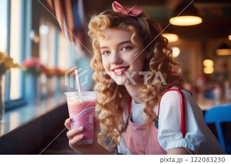 A young blonde teenage girl, holding a milkshake in a vintage cafe interior. Smiling teenager enjoying a drink in a retro diner. AI-generated 122083230