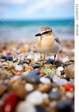 A little cute gray bird perching on a beautiful pebble beach. An idyllic landscape with one small bird on a seashore. AI-generated 122083231