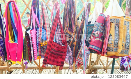 Handmade fabric bag in an ancient Asian tribal style Handmade fabric bag in an ancient Asian tribal style 122083447