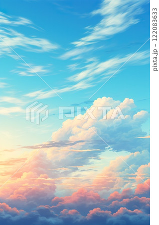 idyllic heaven with purple and pink fluffy colorful clouds, soft and pastel cloudscape with natural light background 122083633