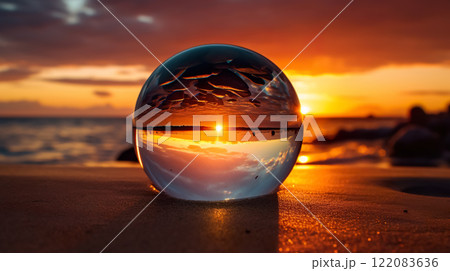 glass ball on sunset background, abstract crystal sphere at beach, nature with ocean or sea concept background 122083636