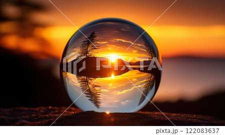 glass ball on sunset background, abstract crystal sphere at beach, nature with ocean or sea concept background 122083637