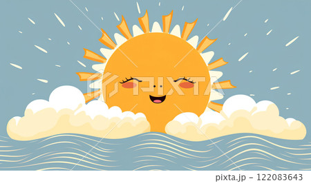 simple orange and yellow smiling sun illustration, in style of cartoon, cheerful sunny backdrop template 122083643
